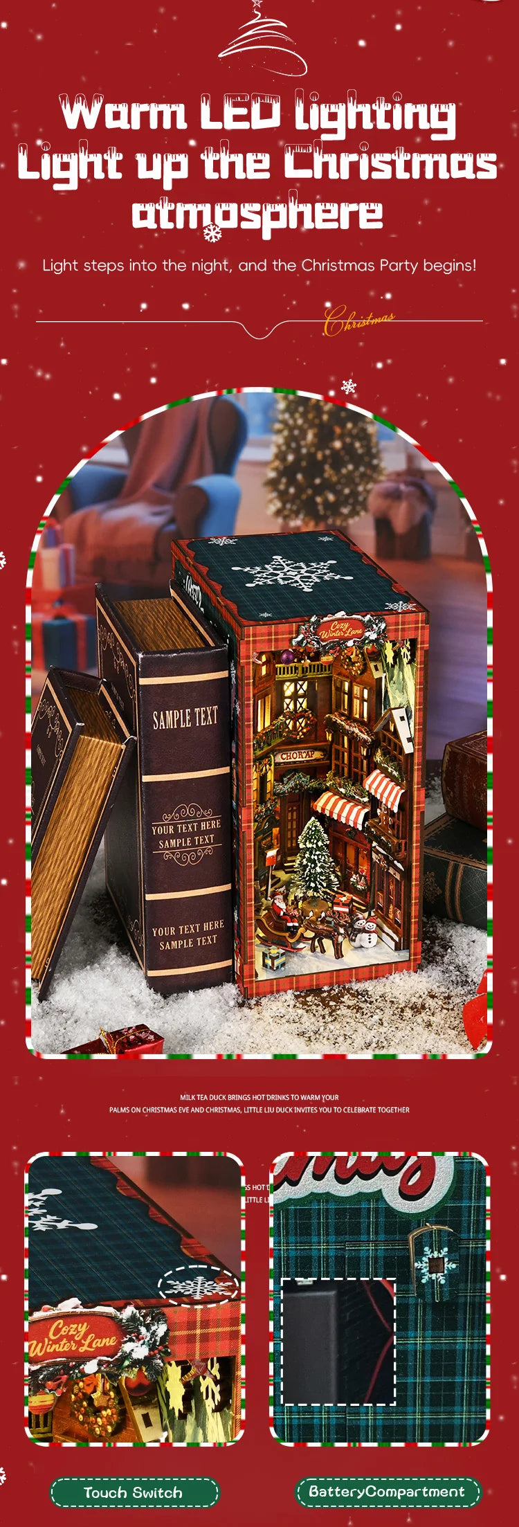 NEW DIY Book Nook Wooden Miniature Model Kits Christmas Street Corner Bookend 3D Puzzle with Light Bookshelf for Friends Gifts