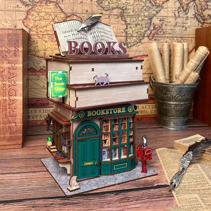 DIY Book Nook Shelf Insert Kits Wooden Miniature Model Kit Cyberrpunk Bookend Assembled Bookshelf Home Decor Christmas Gifts