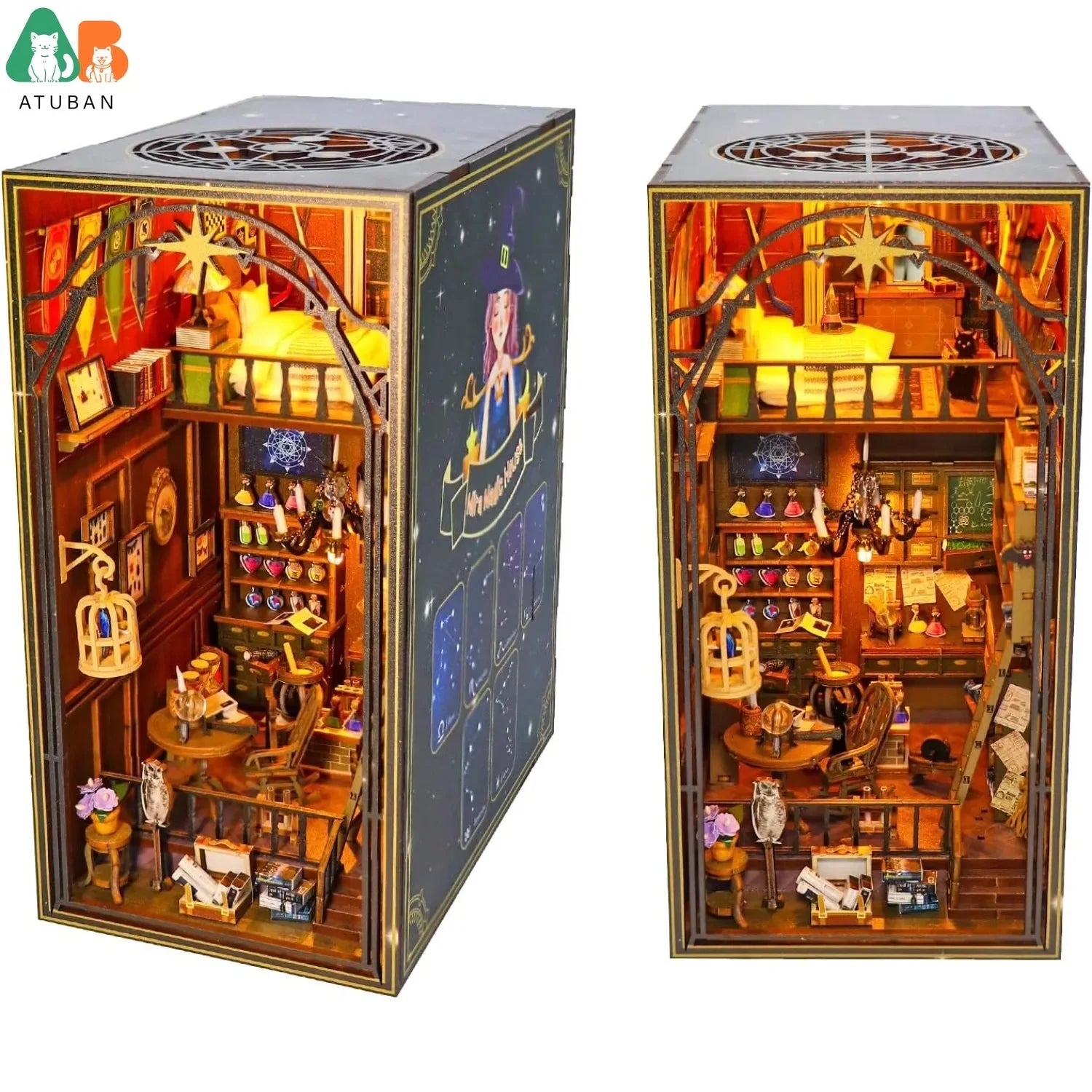Book Nook Kit,DIY Miniature Dollhouse Booknook Kit,3D Wooden Puzzle Bookend Bookshelf Insert Decor LED Light for Teens Adults