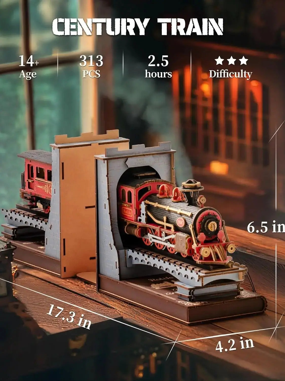 Robotime Rolife Wooden Vintage Train kit 3D Puzzles DIY Book Nook Kit Decorative Bookends 6.5" for Adults Gifts for Boys Girls
