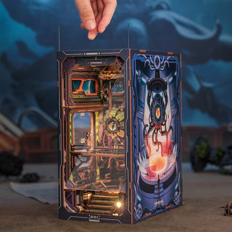 CUTEBEE DIY Book Nook Cthulhu Wooden Dollhouse with LED Dust Cover Bookshelf Insert 3D Puzzle Decor for Gift The Eye of Old God