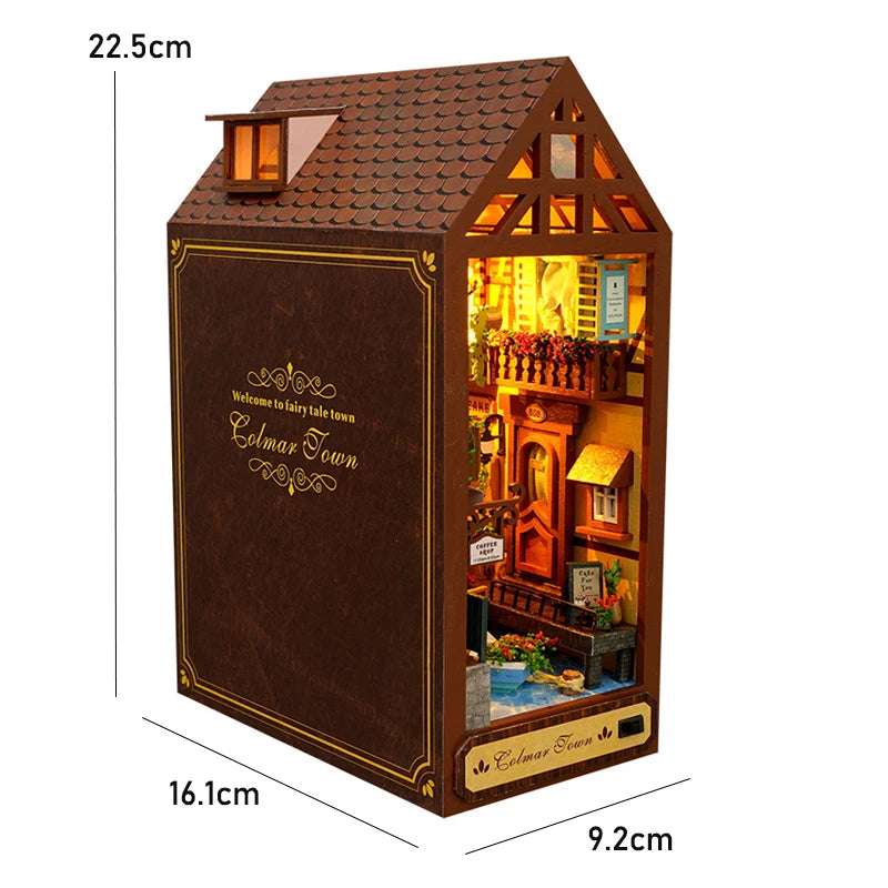 DIY Book Nook Kit Bookend Kit Wooden Doll House Bookshelf Insert Decor With Warm Light 3D Puzzle Assembly Building Model Gifts