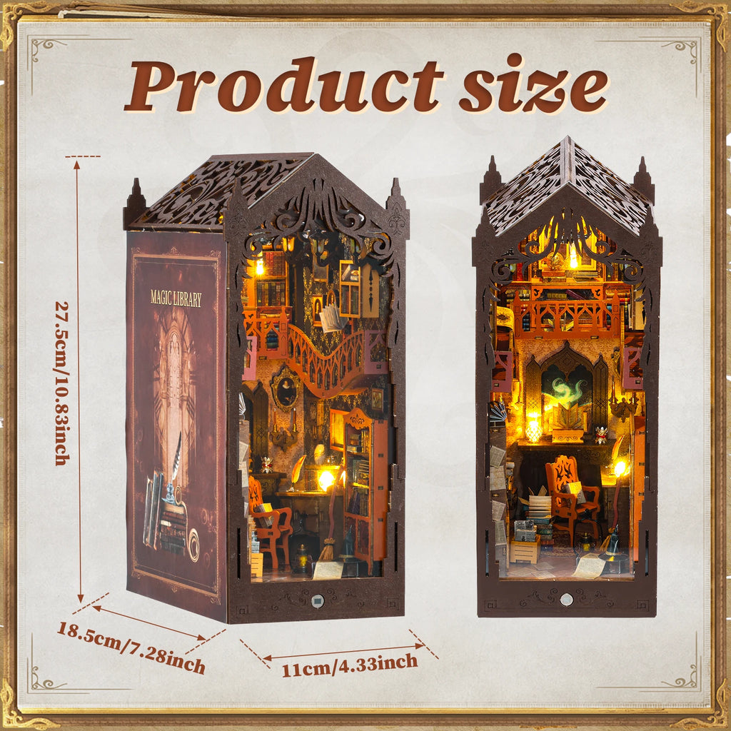 DIY Book Nook Kit Miniature Wooden Dollhouse with Light Bookshelf Insert Decoration Model Magic Library Bookend Birthday Gifts