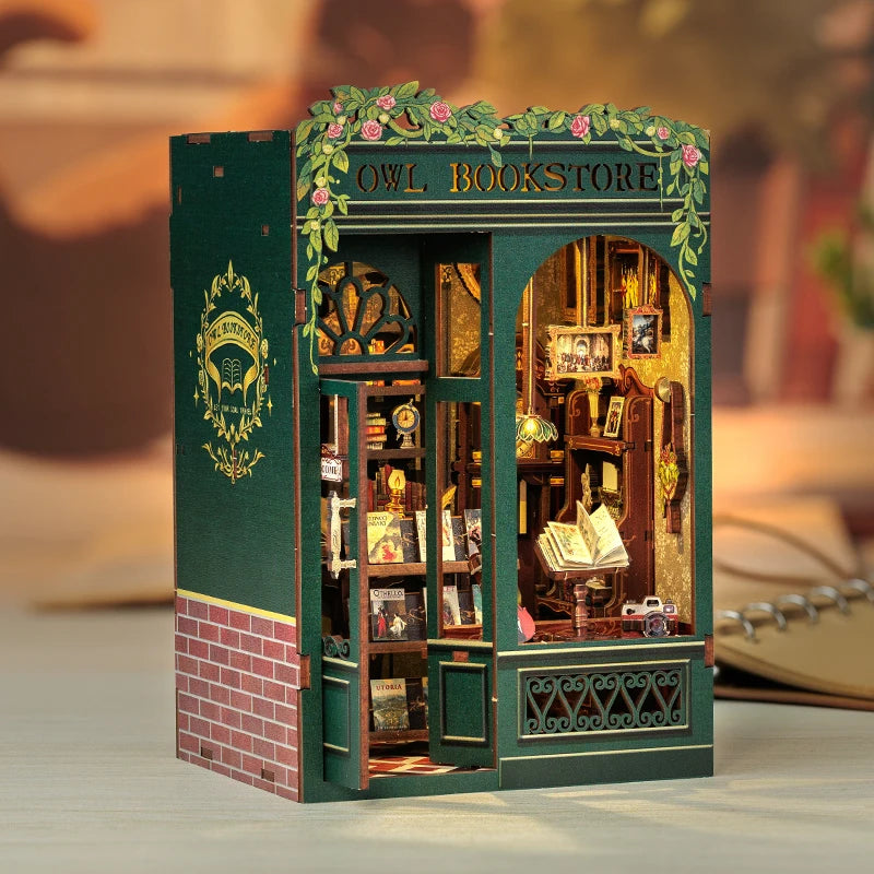 CUTEBEE DIY Book Nook Kit Miniature Wooden Dollhouse with Lights Bookshelf Insert 3D Puzzle Decor Model for Gifts Owl Bookstore