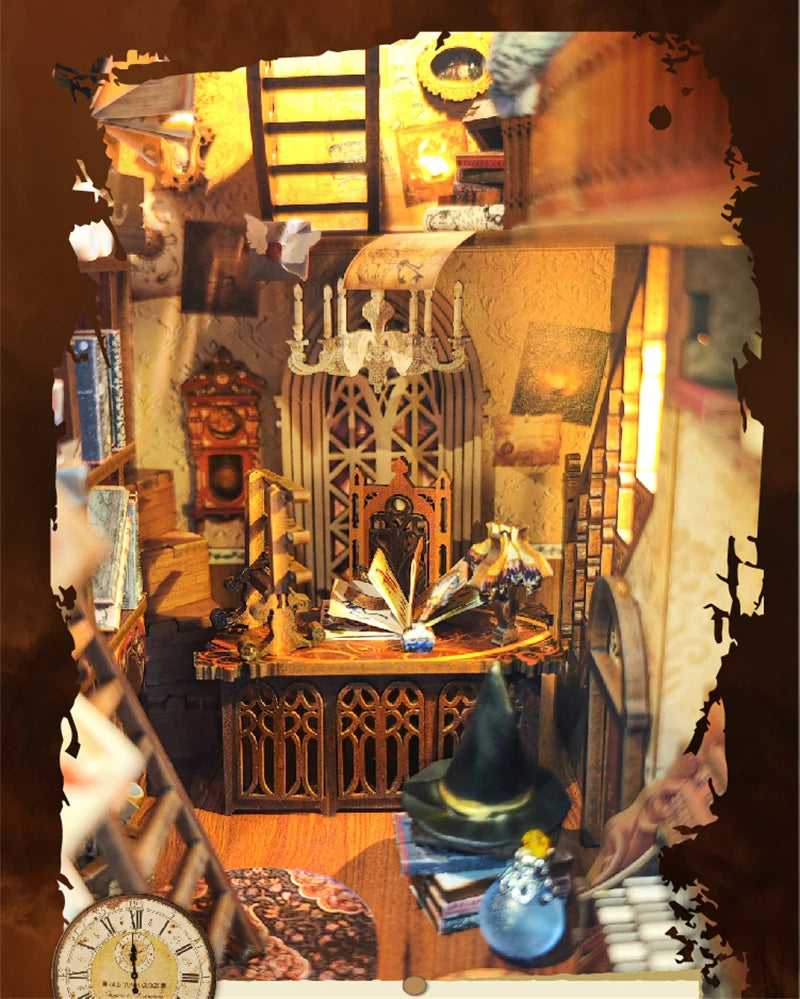 DIY Wooden Book Nook Shelf Insert Kit Miniature Building Kits Magic Night Alley Bookshelf with LED Lights Bookends Friends Gifts