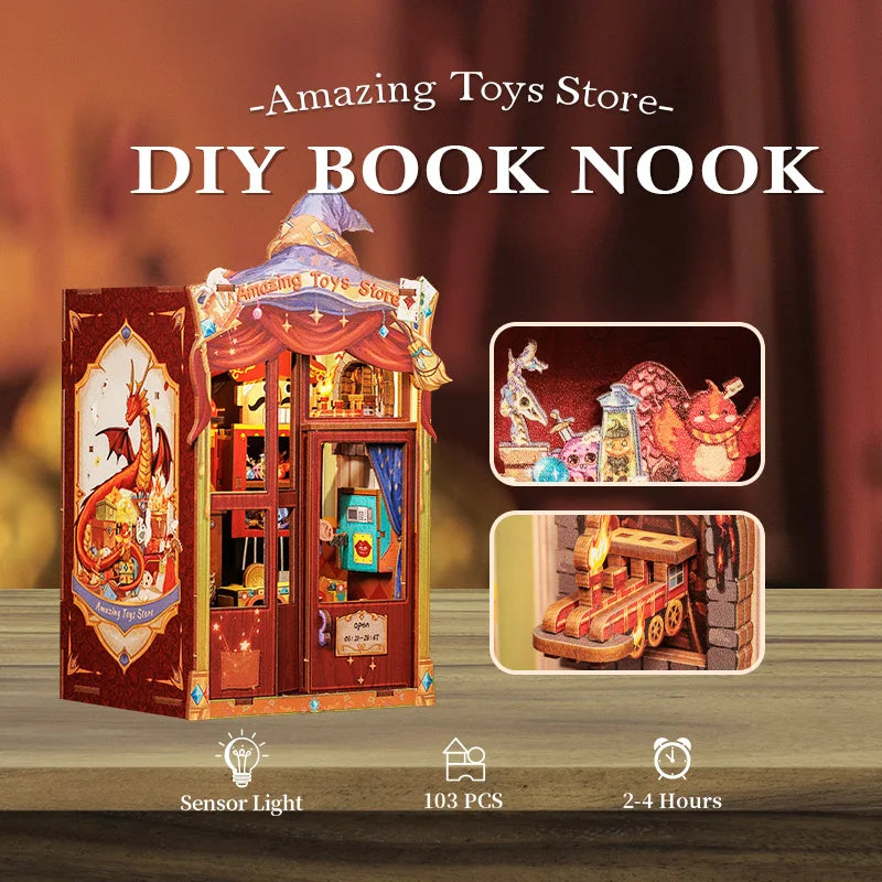 CUTEBEE DIY Book Nook Kit Miniature Dollhouse with Led Light Bookshelf Insert Booknook Home Decor for Amazing Toys Store