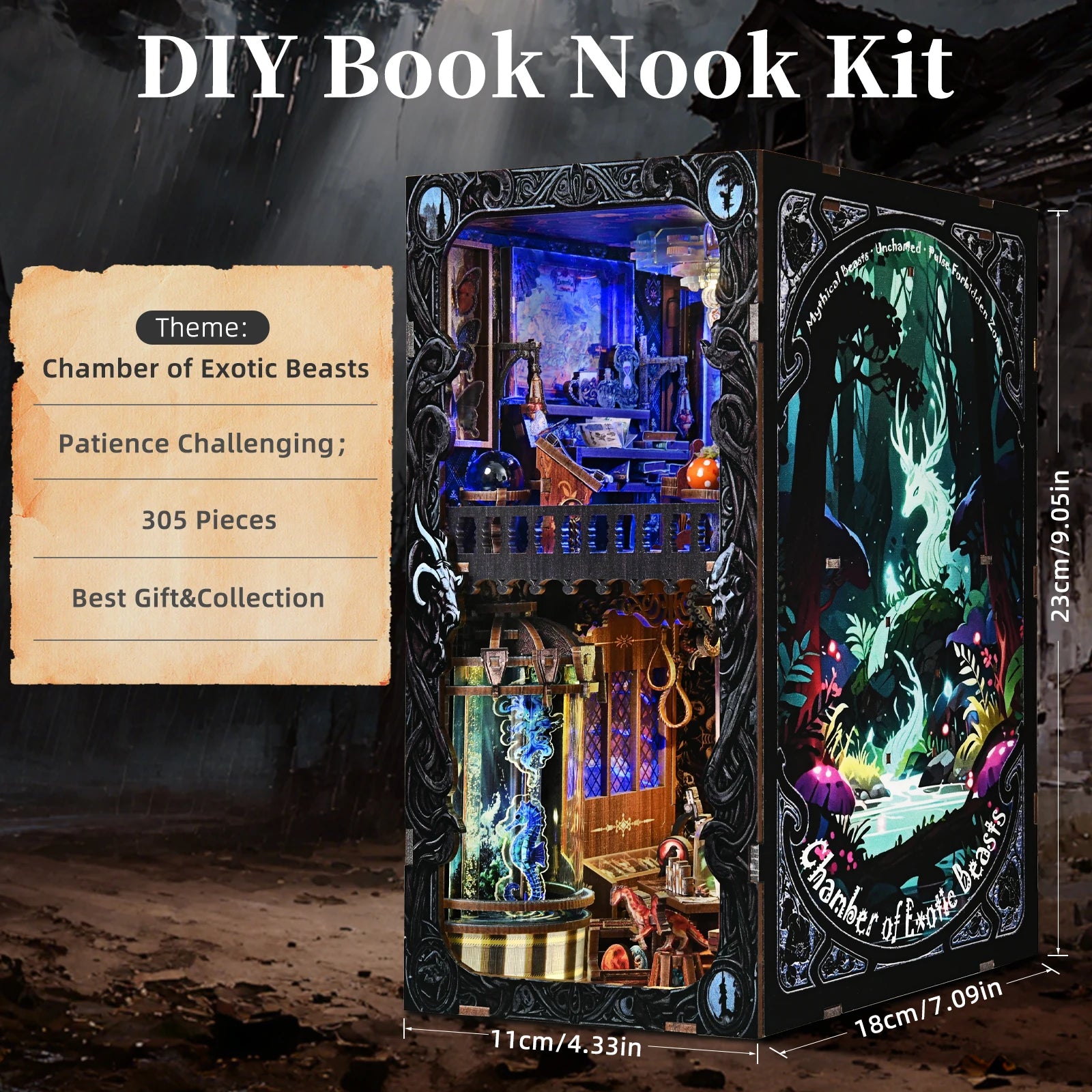 DIY Book Nook Kit Monster Collection Room Wooden Bookshop Dollhouse with Light Bookshelf Insert 3D Puzzle Decor for Gift