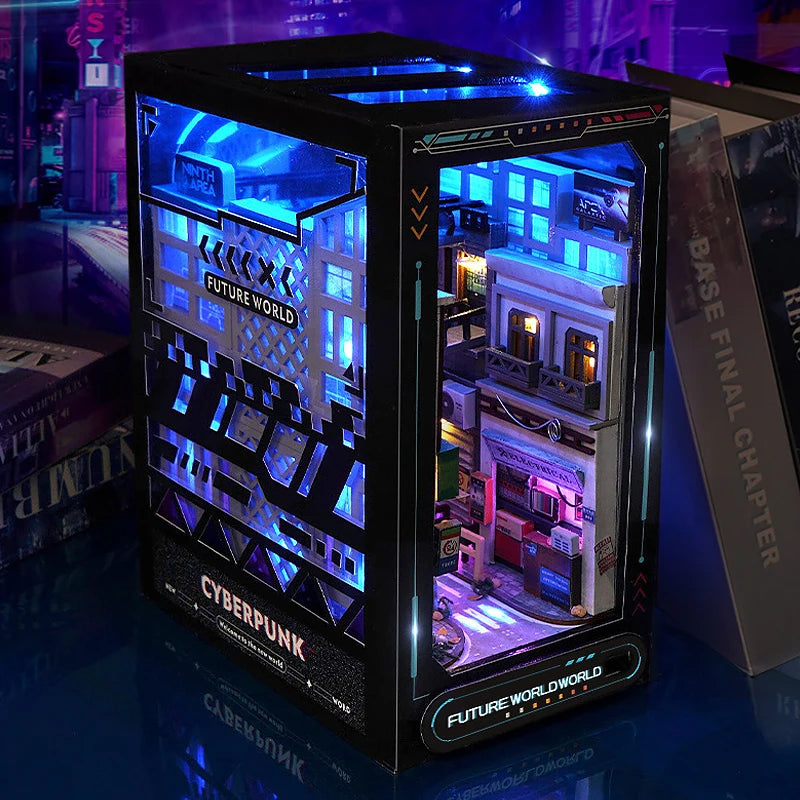 DIY Book Nook Kit Bookend Kit Wooden Doll House Bookshelf Insert Decor With Warm Light 3D Puzzle Assembly Building Model Gifts