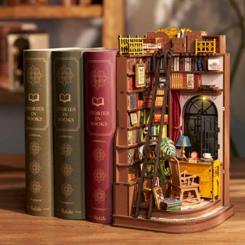 Robotime Rolife Book Nook Kits Silent Corner Study DIY Book Nook Miniature House Kit Puzzle Bookend Bookshelf Decor Gift TGE02