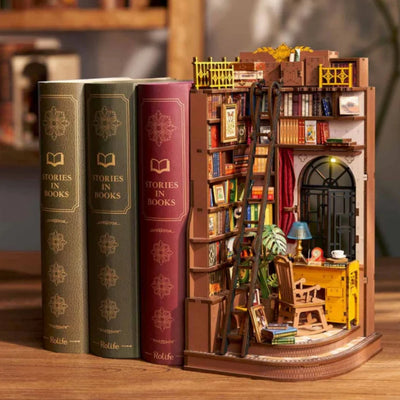 Robotime Rolife Book Nook Kits Silent Corner Study DIY Book Nook Miniature House Kit Puzzle Bookend Bookshelf Decor Gift TGE02
