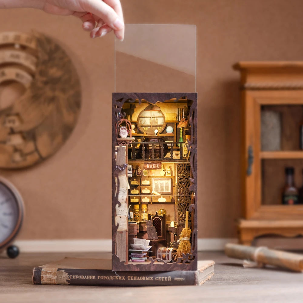 CUTEBEE Book Nook Miniature Doll House Kit With Touch Light Dust Cover Booknook Toys For Birthday Gifts Magic Nebula Common Room