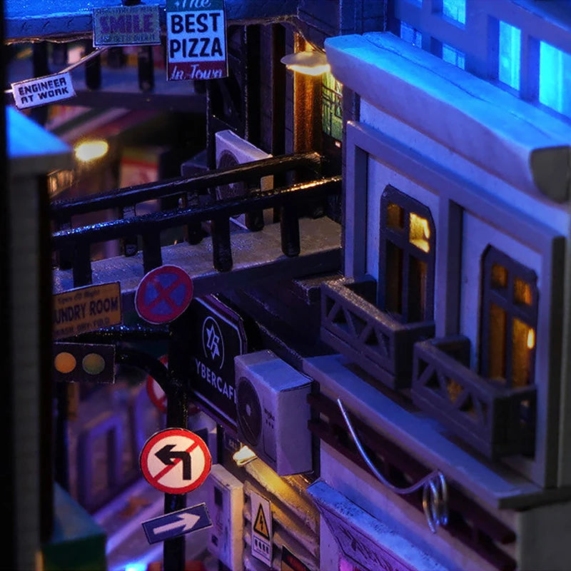 DIY Book Nook Kit Bookend Kit Wooden Doll House Bookshelf Insert Decor With Warm Light 3D Puzzle Assembly Building Model Gifts