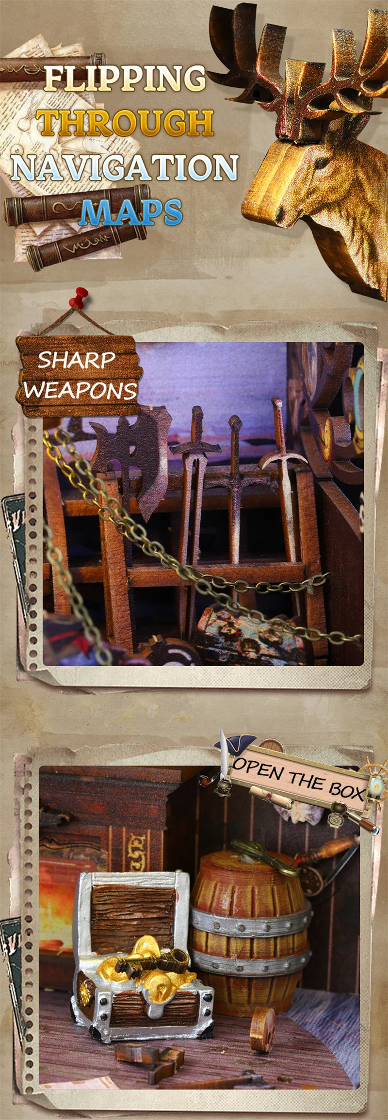 Retro DIY Wooden Book Nook Shelf Insert Kits Miniatures Magical Pirate Ship Bookcase Home Bookshelf Decor Adult Handmade Gifts