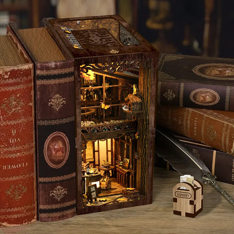 DIY Book Nook Shelf Insert Kits Wooden Miniature Model Kit Cyberrpunk Bookend Assembled Bookshelf Home Decor Christmas Gifts