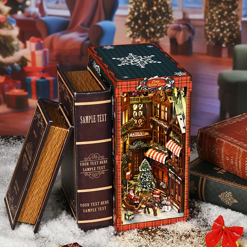 NEW DIY Book Nook Wooden Miniature Model Kits Christmas Street Corner Bookend 3D Puzzle with Light Bookshelf for Friends Gifts