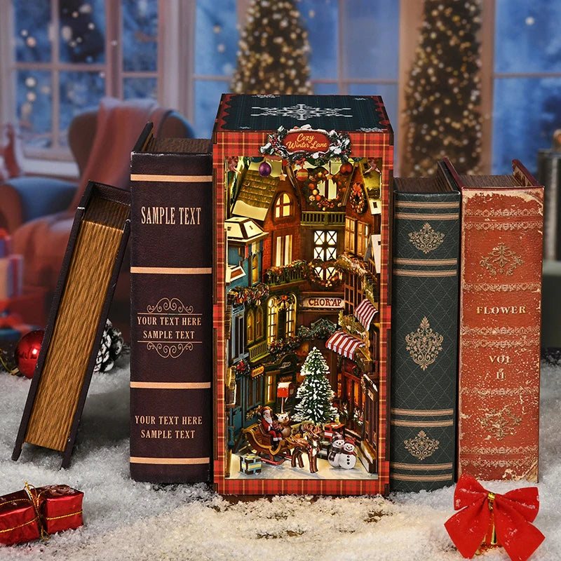 NEW DIY Book Nook Wooden Miniature Model Kits Christmas Street Corner Bookend 3D Puzzle with Light Bookshelf for Friends Gifts