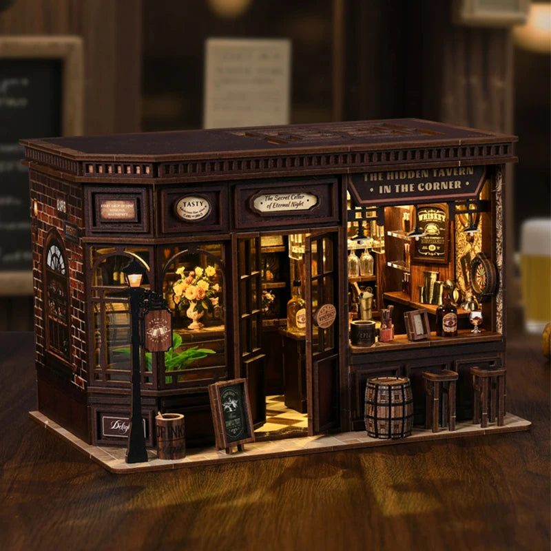 Book Nook Kit DIY Doll House With LED Light Bookshelf Insert Wooden Mini Dollhouse Furniture Light Kit For Birthday Family Gift