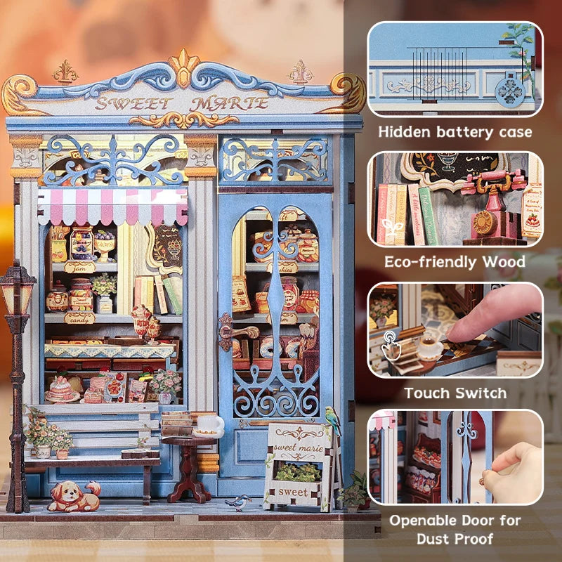 CUTEBEE Book Nook Kit DIY Doll House with LED Light Bookshelf Insert Sweet Marie Miniature Model For Birthday Family Gift