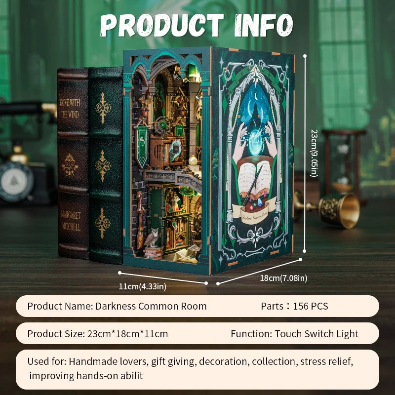 CUTEBEE Book Nook Bookshelf Insert Miniature Dollhouse 3D Wood Puzzle for Bedroom Bookend Decor with LED Night Light Book House