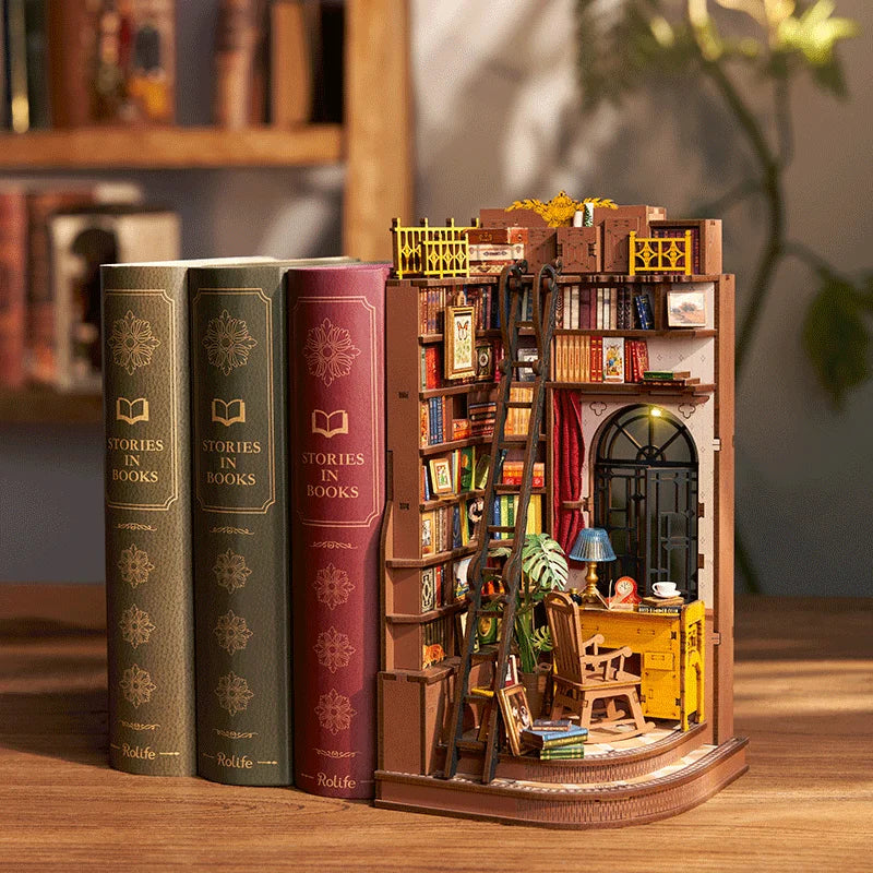 Robotime Rolife Book Nook Kits Silent Corner Study DIY Book Nook Miniature House Kit Puzzle Bookend Bookshelf Decor Gift TGE02