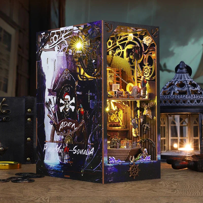 Retro DIY Wooden Book Nook Shelf Insert Kits Miniatures Magical Pirate Ship Bookcase Home Bookshelf Decor Adult Handmade Gifts