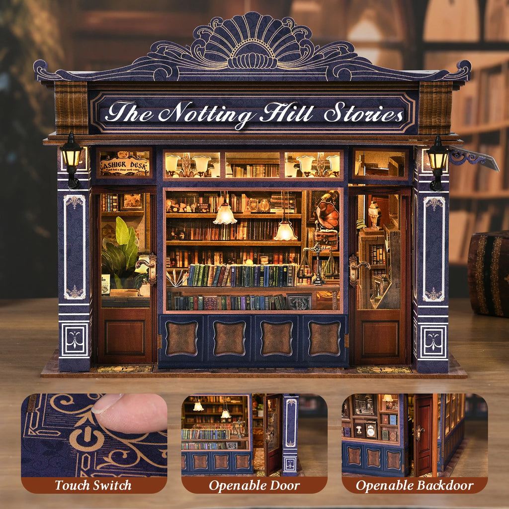 DIY Book Nook Kit Notting Hill Bookstore Wooden  Bookshop Dollhouse with Light Bookshelf Insert 3D Puzzle Decor for Gift