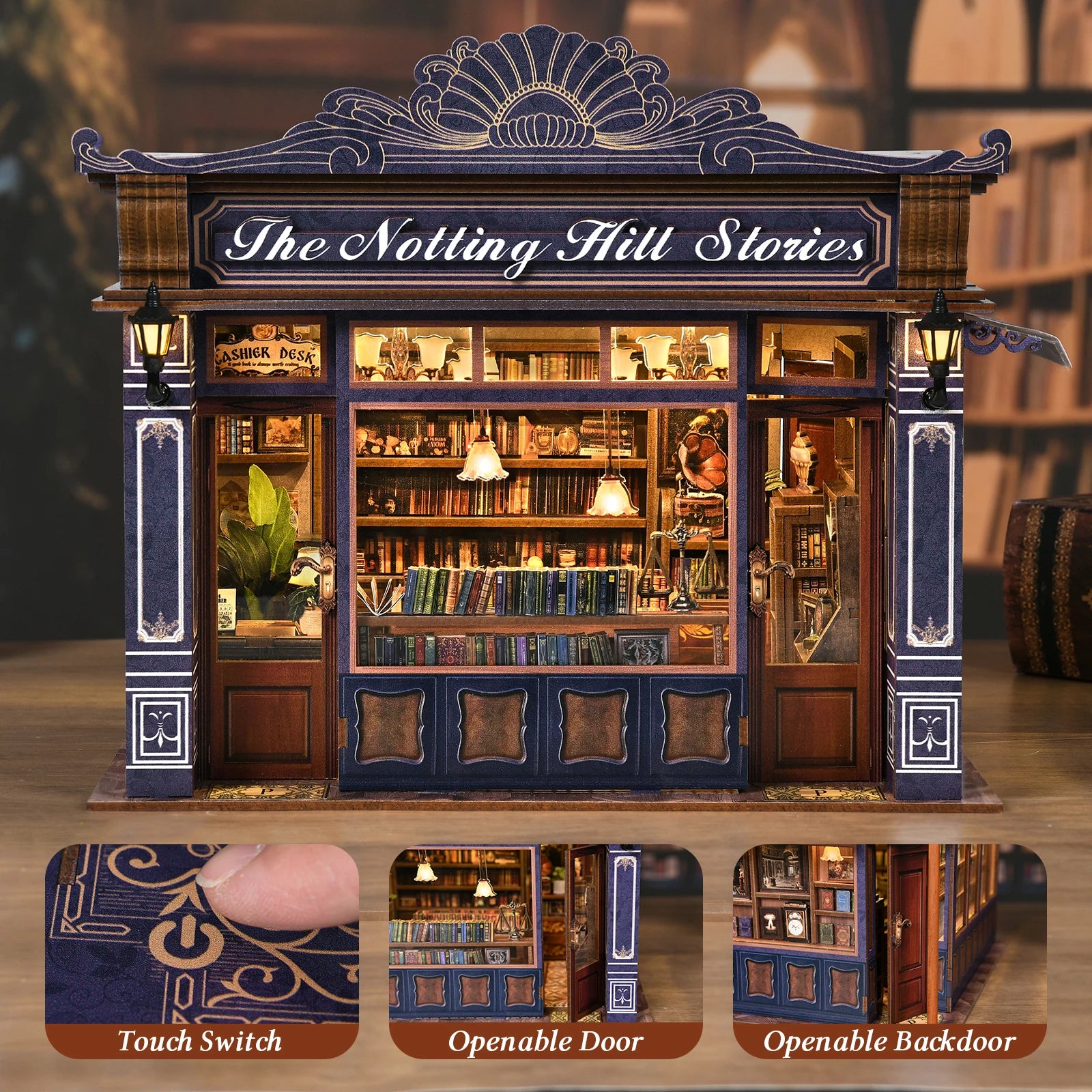 DIY Book Nook Kit Notting Hill Bookstore Wooden  Bookshop Dollhouse with Light Bookshelf Insert 3D Puzzle Decor for Gift