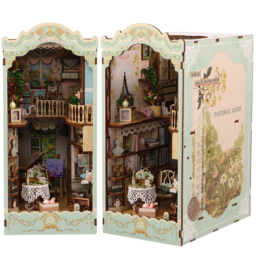 DIY Wooden Book Nook 3D Puzzle Miniature Doll House Kit With Touch Light World Bookshelf Assembly Bookend Eternal Bookstore 2023