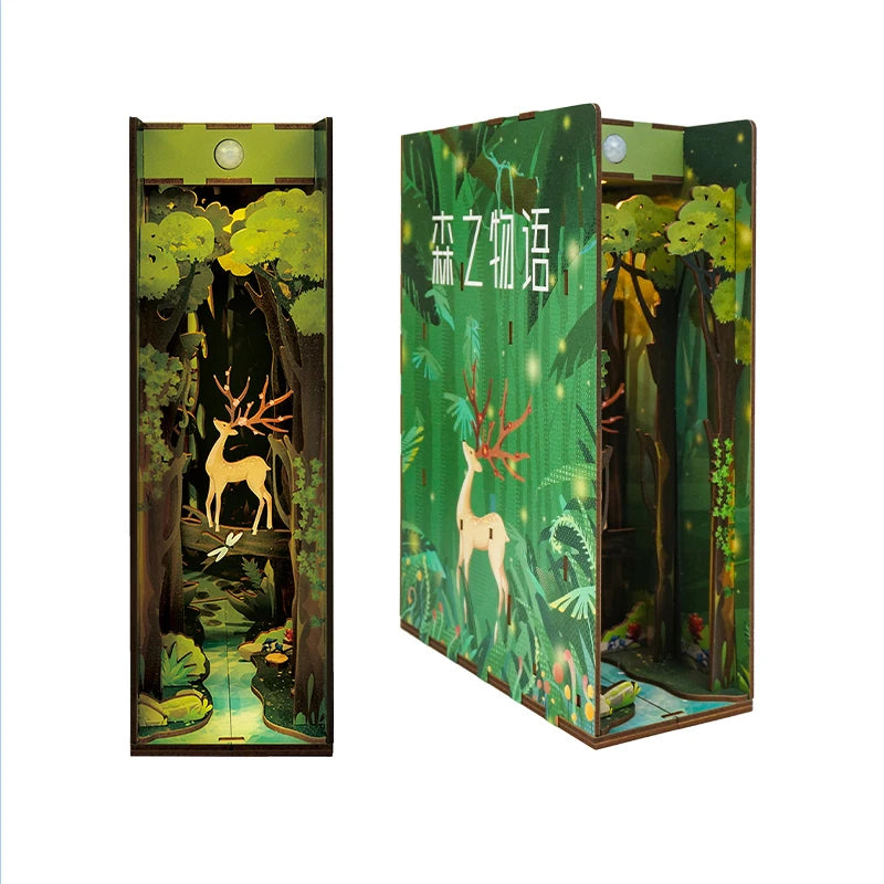 DIY Book Nook Kit for Adults Wooden 3D Puzzle Bookend Bookshelf Insert Decor Booknook Miniature House Kit With Dust Cover LED