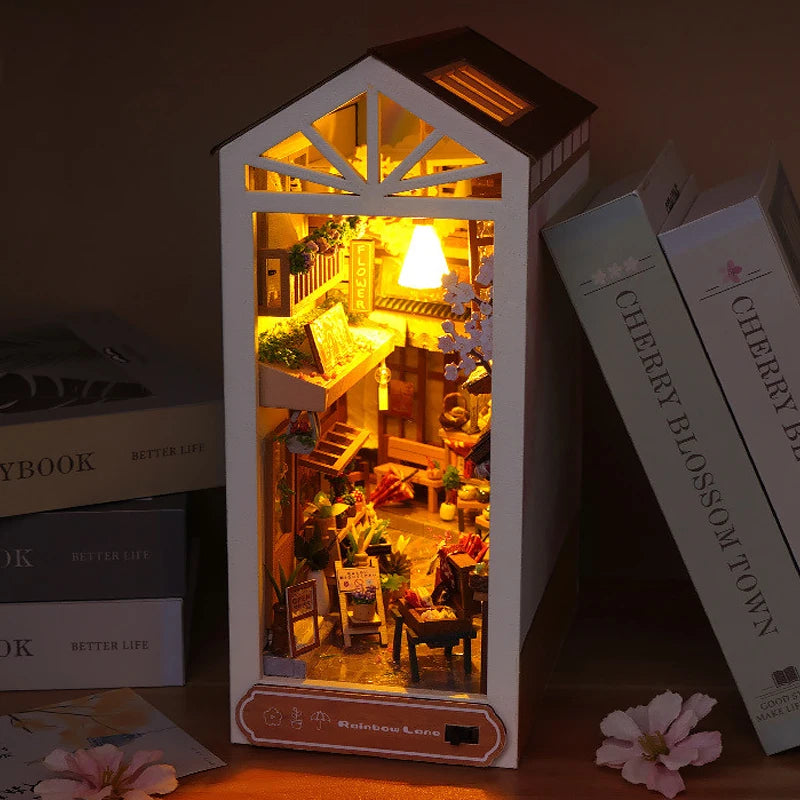DIY Book Nook Kit Bookend Kit Wooden Doll House Bookshelf Insert Decor With Warm Light 3D Puzzle Assembly Building Model Gifts
