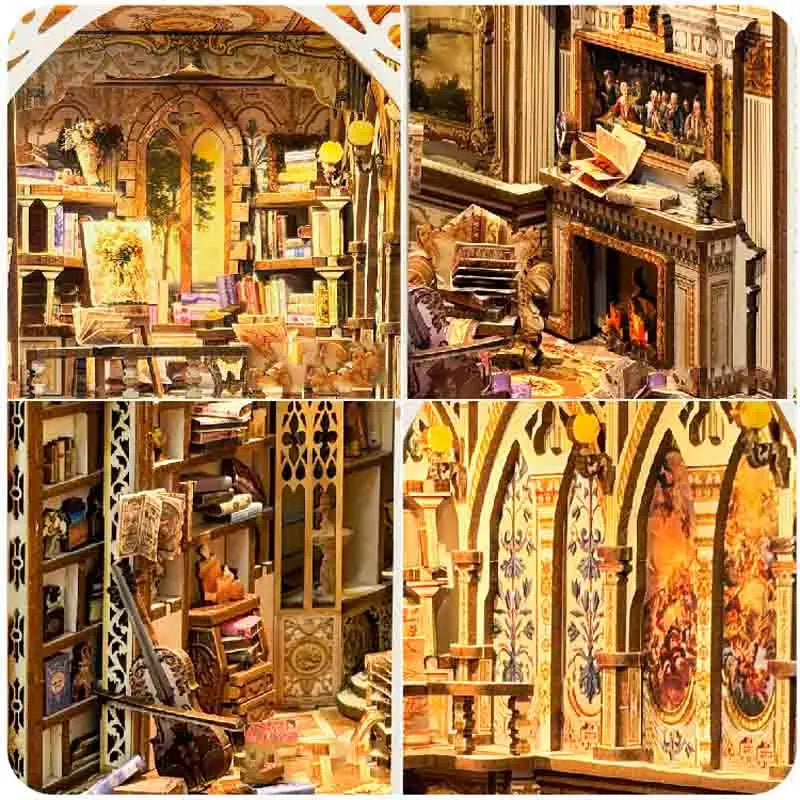 Diy Wooden Book Nook Shelf Insert Miniature Model Kits Retro Court Bookshelf Handmade Bookend For Friends Xmas Gifts