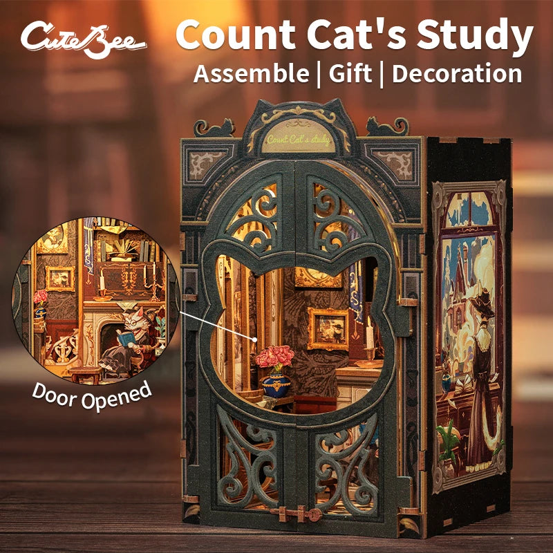CUTEBEE Booknook Kit DIY Doll House with LED Light Bookshelf Insert Birthday Party Gifts For Count Cat Study