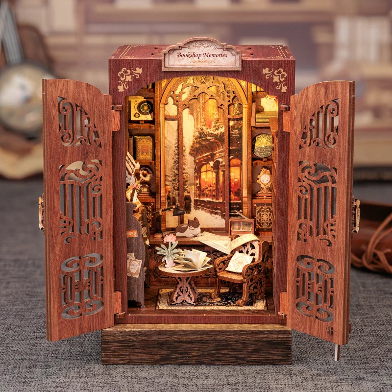 CUTEBEE DIY Book Nook Kit Miniature Wooden Dollhouse with Lights Bookshelf Insert 3D Puzzle Decor Model for Gifts Owl Bookstore