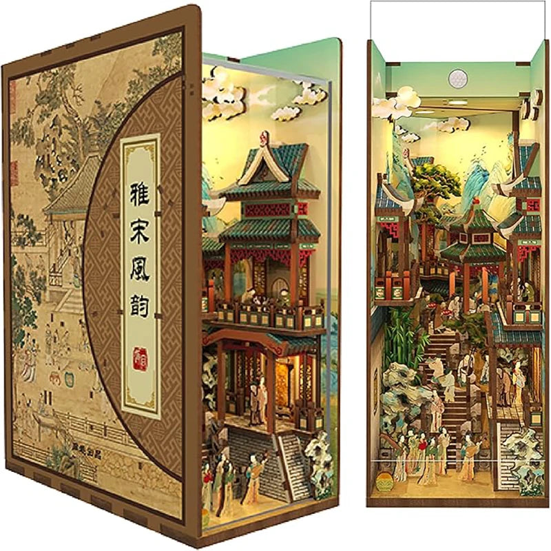 DIY Book Nook Kit for Adults Wooden 3D Puzzle Bookend Bookshelf Insert Decor Booknook Miniature House Kit With Dust Cover LED