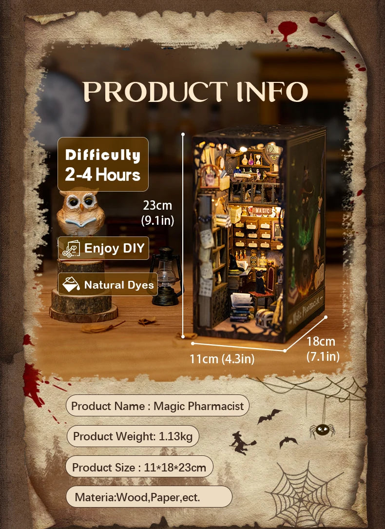 CUTEBEE DIY Book Nook Kit Miniature Dollhouse Book Nook Touch Lights with Furniture for Christmas Gifts (Magic Pharmacist )