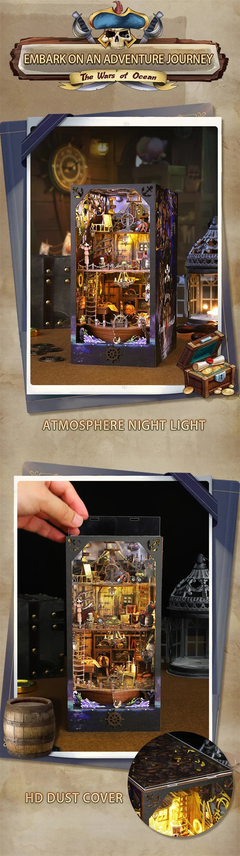 Retro DIY Wooden Book Nook Shelf Insert Kits Miniatures Magical Pirate Ship Bookcase Home Bookshelf Decor Adult Handmade Gifts