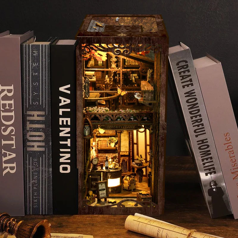 DIY Book Nook Shelf Insert Kits Wooden Miniature Model Kit Cyberrpunk Bookend Assembled Bookshelf Home Decor Christmas Gifts
