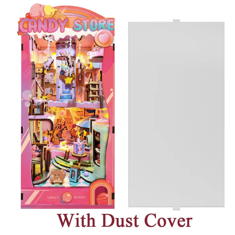 DIY Wooden Book Nook Shelf Insert Kit Miniature Building Kits Magic Night Alley Bookshelf with LED Lights Bookends Friends Gifts