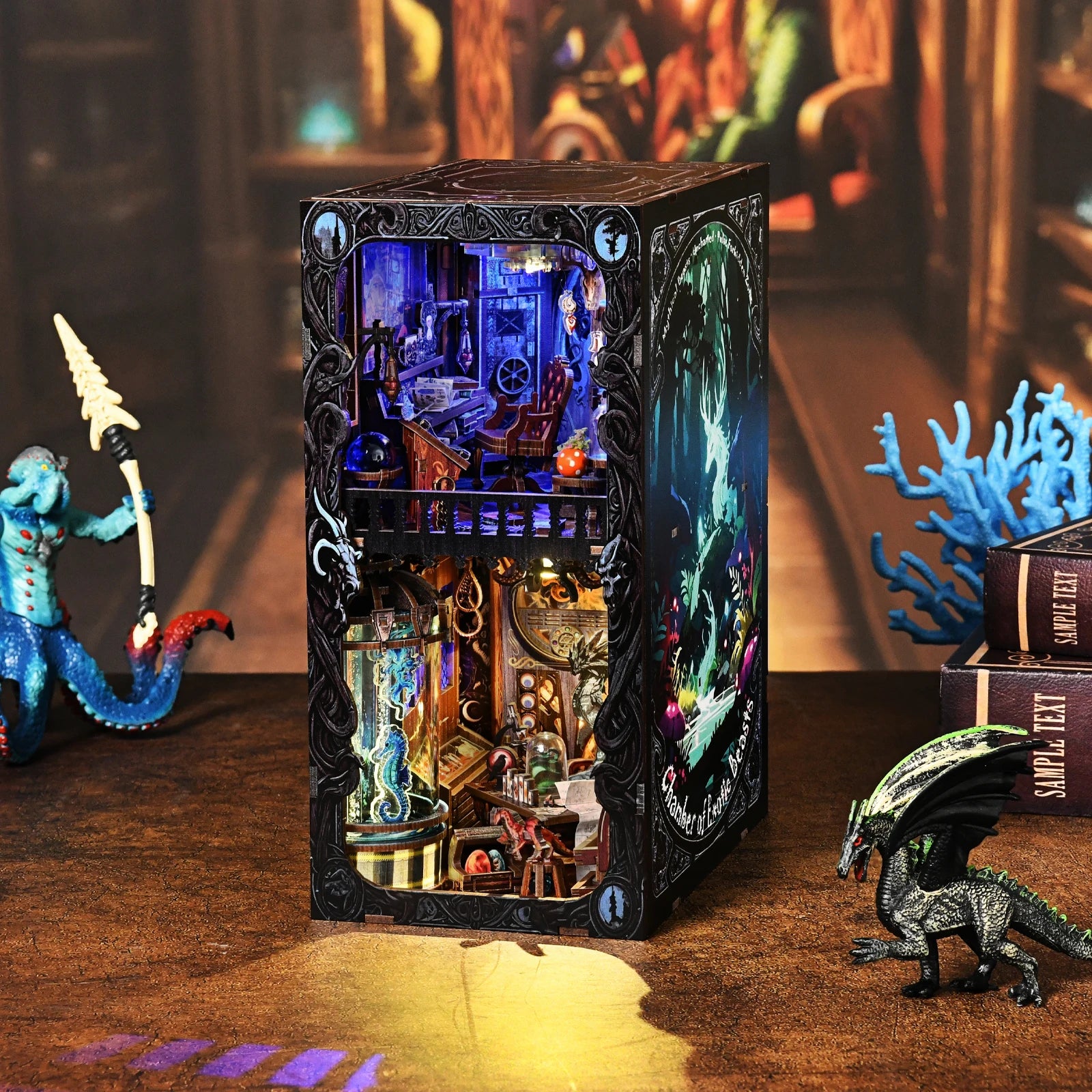 DIY Book Nook Kit Monster Collection Room Wooden Bookshop Dollhouse with Light Bookshelf Insert 3D Puzzle Decor for Gift