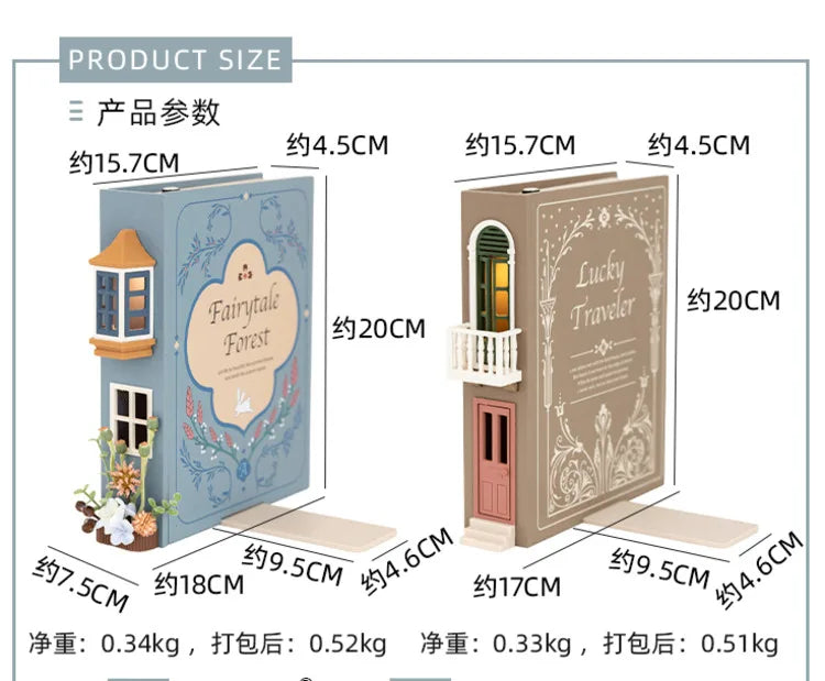 Booknook Creative Book Holders Fake Books Bookends Model Kit With LED Light For Bookshelf Insert Decor Miniature Ornament Gift