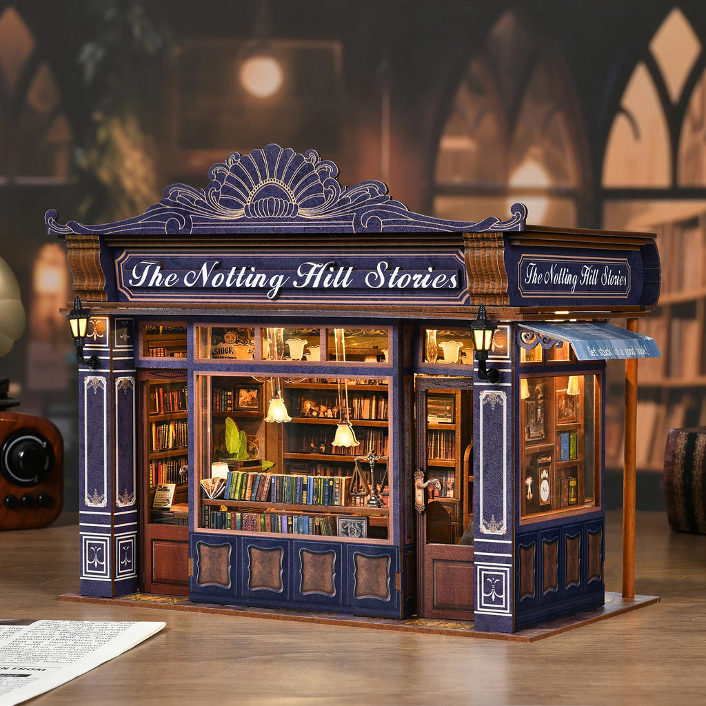 DIY Book Nook Kit Notting Hill Bookstore Wooden  Bookshop Dollhouse with Light Bookshelf Insert 3D Puzzle Decor for Gift