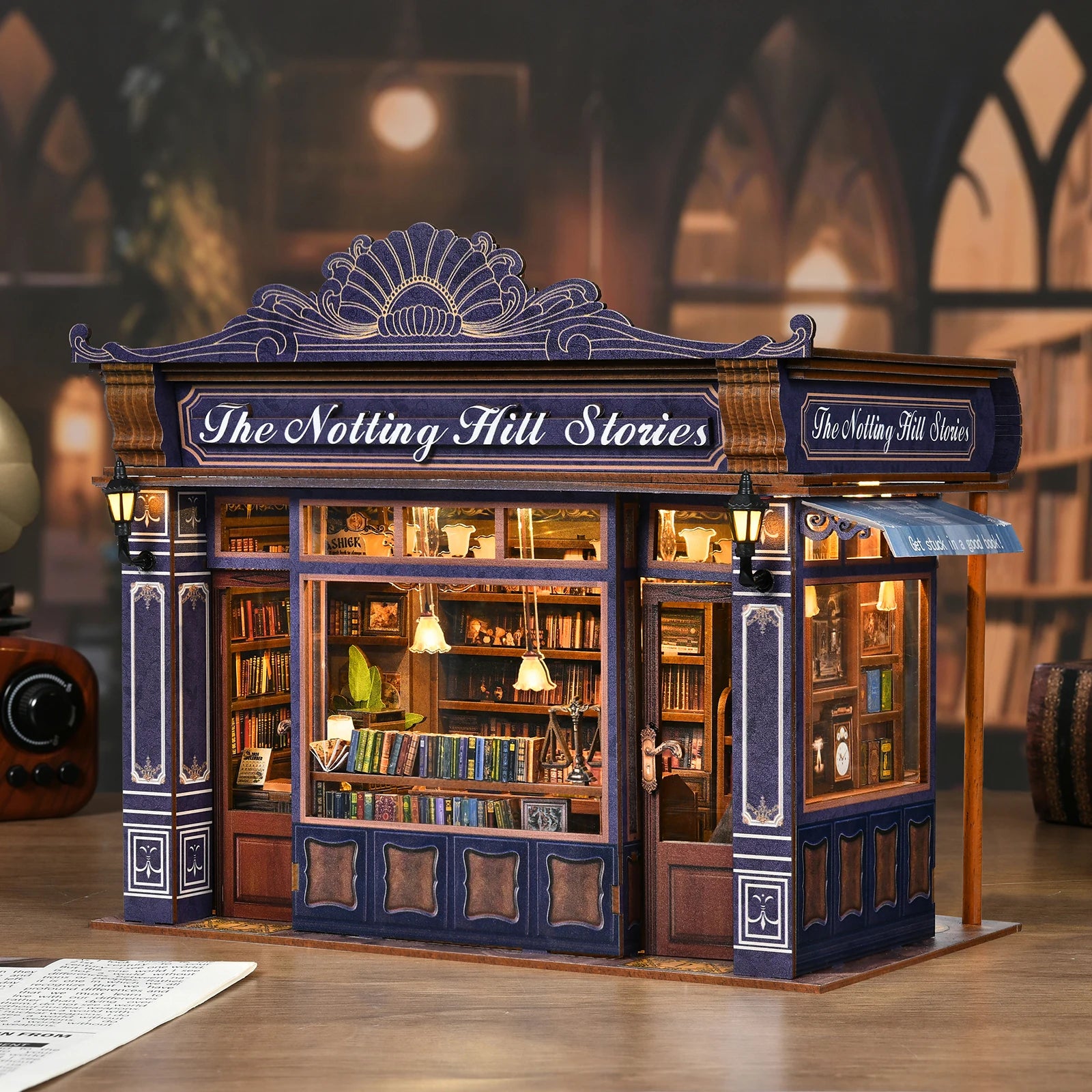 DIY Book Nook Kit Notting Hill Bookstore Wooden  Bookshop Dollhouse with Light Bookshelf Insert 3D Puzzle Decor for Gift