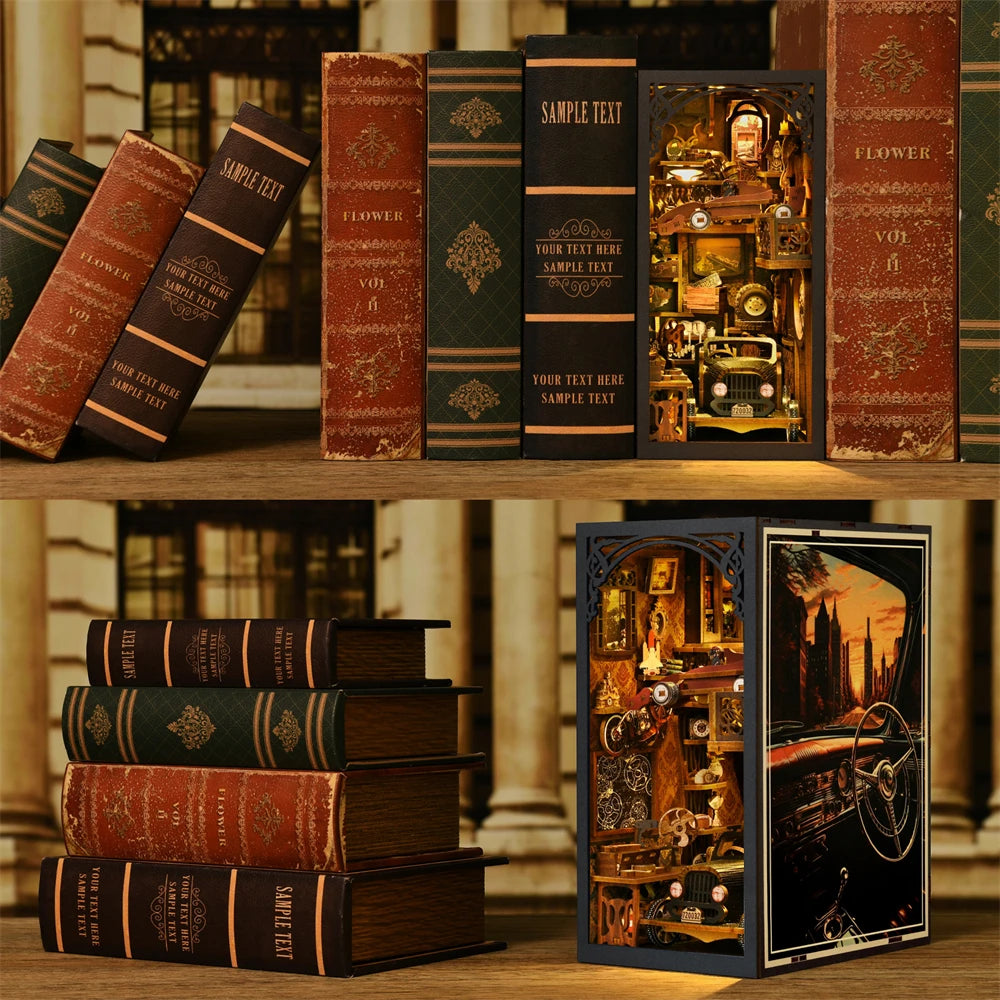 DIY Dollhouse Book nook Kit Vintage Car Museum Magical Realistic Imagination Simulated Book Nook Kit Bookend Stand F1 3D Puzzle