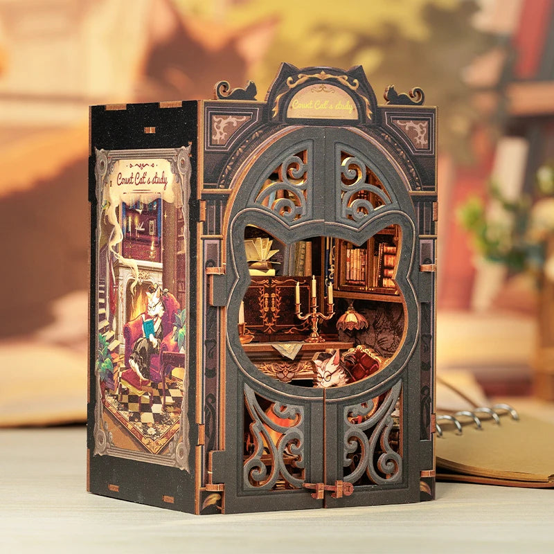 CUTEBEE DIY Book Nook Kit Miniature Wooden Dollhouse with Lights Bookshelf Insert 3D Puzzle Decor Model for Gifts Owl Bookstore