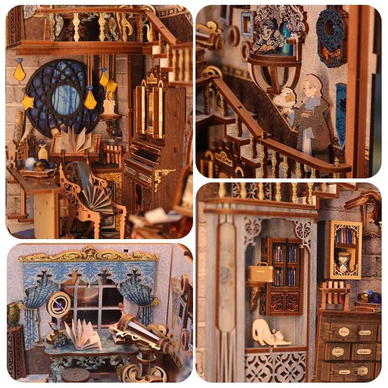 CUTEBEE Book Nook Miniature Doll House Kit With Touch Light Dust Cover Booknook Toys For Birthday Gifts Magic Nebula Common Room