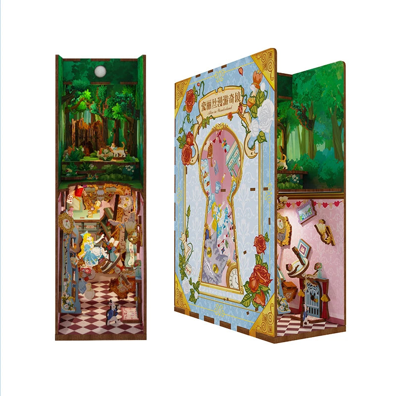 DIY Wooden Book Nook Shelf Kits Puzzle Alice in Wonderland Sensing Bookends Toy Bookshelf for Friends Gifts Home Decoration