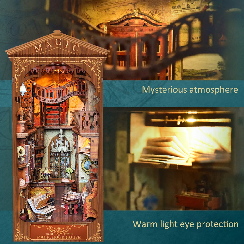 DIY Wooden Book Nook 3D Puzzle Miniature Doll House Kit With Touch Light World Bookshelf Assembly Bookend Eternal Bookstore 2023