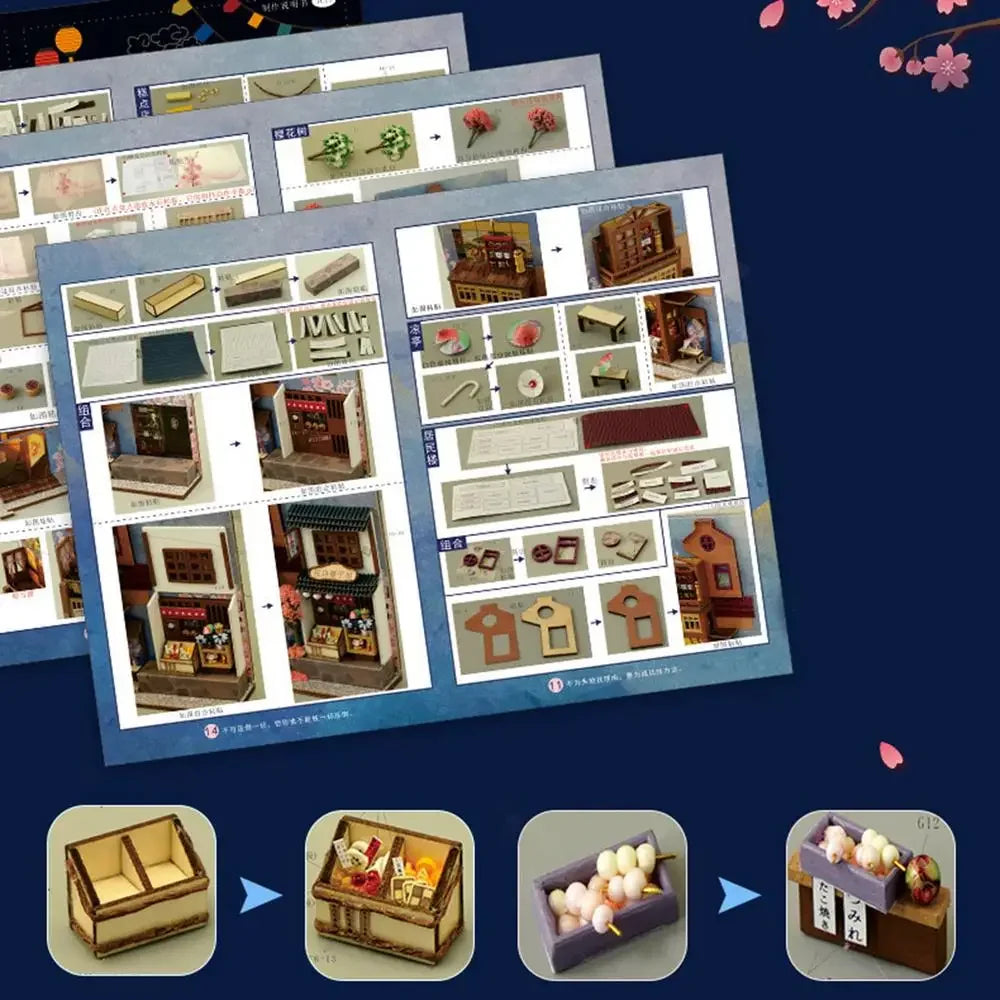 DIY Creative Book Nook Kit Decorative Japanese Style Bookend Insert Bookcase Book Stand Miniature House with LED Light Gift