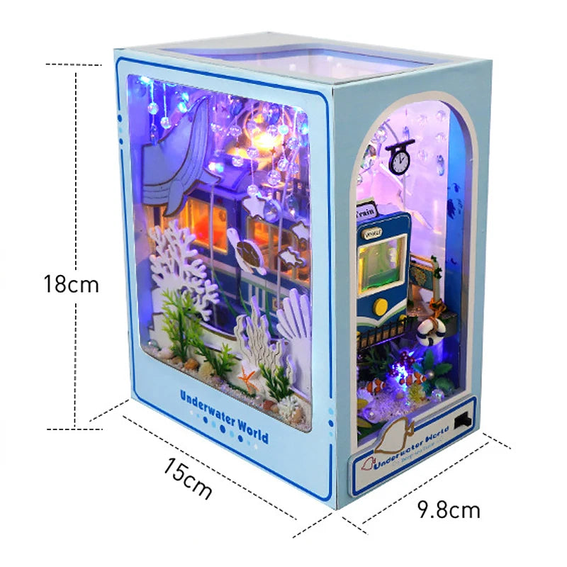 Book Nook Kit Mini 3D Wooden Puzzle Book Shelf Insert Assembly Building Model DIY Book Nook Touch Light With Furniture Xmas Gift