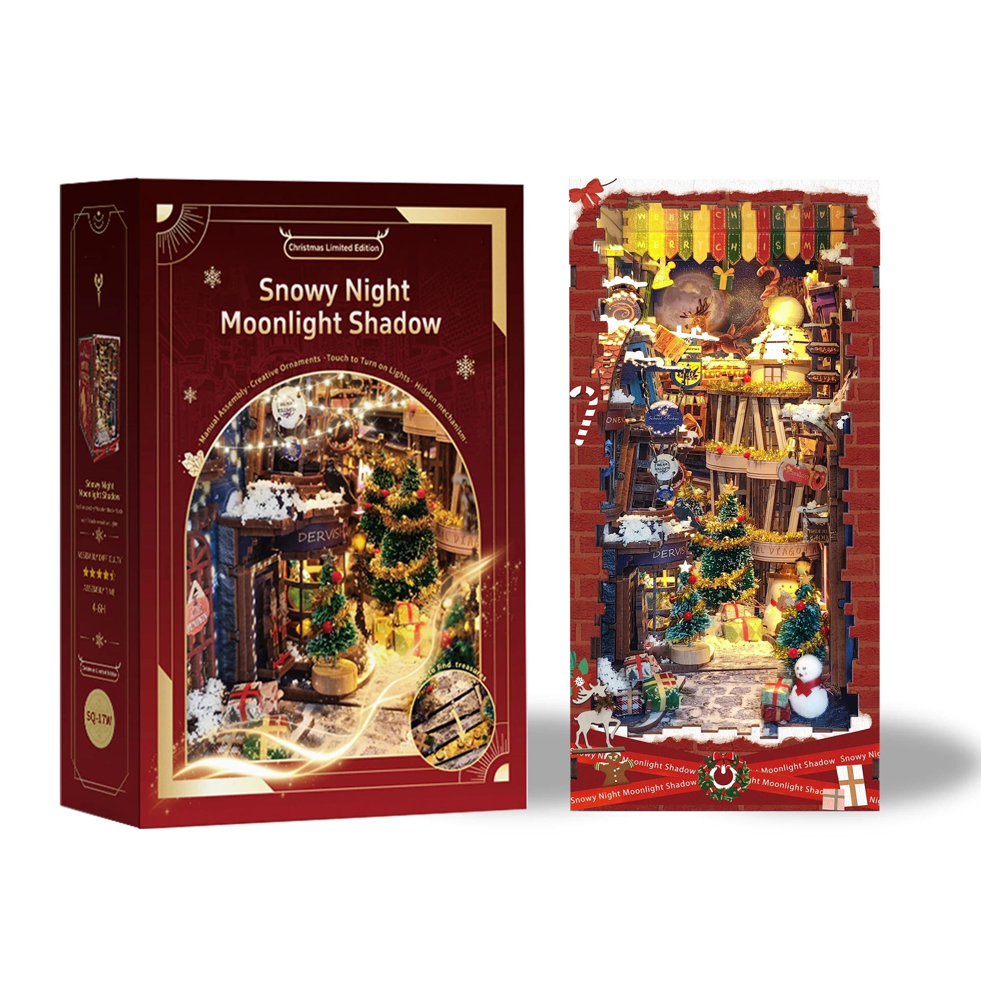 DIY Wooden Book Nook Shelf Insert Kit Miniature Building Kits Magic Night Alley Bookshelf with LED Lights Bookends Friends Gifts